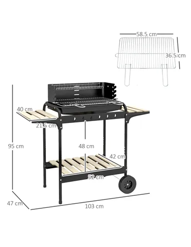 Outsunny Charcoal Barbecue Grill with Adjustable Grill Height, Portable BBQ Trolley with Ash Catcher and Wheels for Outdoor Gard