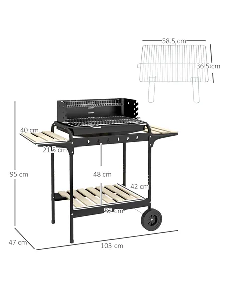 Outsunny Charcoal Barbecue Grill with Adjustable Grill Height, Portable BBQ Trolley with Ash Catcher and Wheels for Outdoor Gard