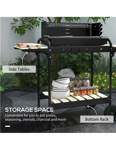 Outsunny Charcoal Barbecue Grill with Adjustable Grill Height, Portable BBQ Trolley with Ash Catcher and Wheels for Outdoor Gard