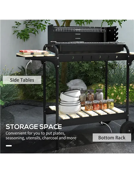 Outsunny Charcoal Barbecue Grill with Adjustable Grill Height, Portable BBQ Trolley with Ash Catcher and Wheels for Outdoor Gard