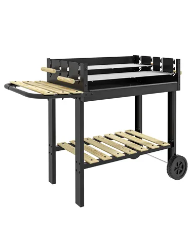 Outsunny Charcoal BBQ Grill, Barbecue Trolley with Double Adjustable Grill, Side Table, Storage Shelf and Wheels for Outdoor Gar