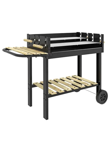 Outsunny Charcoal BBQ Grill, Barbecue Trolley with Double Adjustable Grill, Side Table, Storage Shelf and Wheels for Outdoor Gar