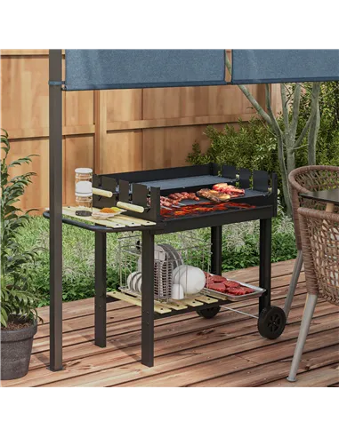 Outsunny Charcoal BBQ Grill, Barbecue Trolley with Double Adjustable Grill, Side Table, Storage Shelf and Wheels for Outdoor Gar