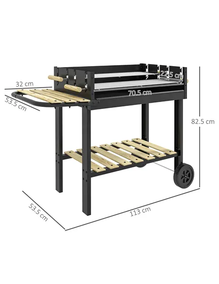 Outsunny Charcoal BBQ Grill, Barbecue Trolley with Double Adjustable Grill, Side Table, Storage Shelf and Wheels for Outdoor Gar