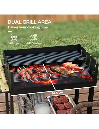 Outsunny Charcoal BBQ Grill, Barbecue Trolley with Double Adjustable Grill, Side Table, Storage Shelf and Wheels for Outdoor Gar