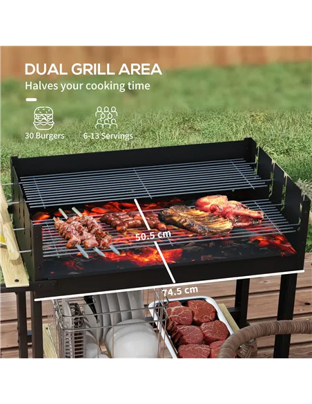 Outsunny Charcoal BBQ Grill, Barbecue Trolley with Double Adjustable Grill, Side Table, Storage Shelf and Wheels for Outdoor Gar