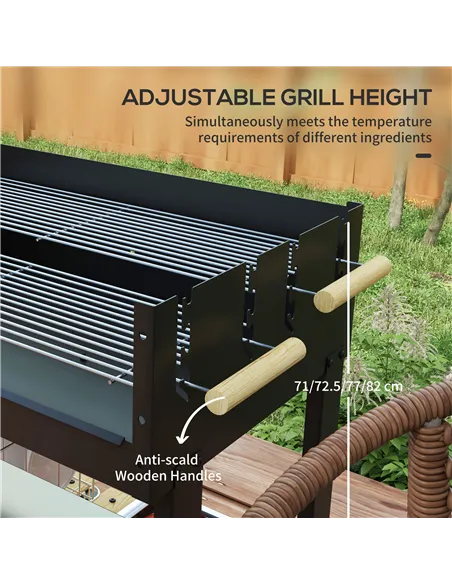 Outsunny Charcoal BBQ Grill, Barbecue Trolley with Double Adjustable Grill, Side Table, Storage Shelf and Wheels for Outdoor Gar