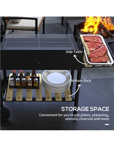 Outsunny Charcoal BBQ Grill, Barbecue Trolley with Double Adjustable Grill, Side Table, Storage Shelf and Wheels for Outdoor Gar