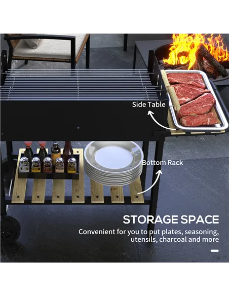 Outsunny Charcoal BBQ Grill, Barbecue Trolley with Double Adjustable Grill, Side Table, Storage Shelf and Wheels for Outdoor Gar