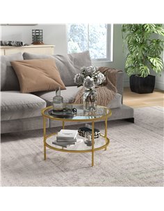 HOMCOM Round Coffee Table with Storage, 2-Tier Tempered Glass Coffee Table with Steel Frame for Living Room, Gold Tone 2