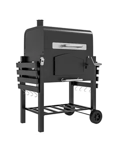Outsunny Charcoal Barbecue Grill Trolley Garden Smoker with Shelves, Adjustable Height, Thermometer on Lid, Opener and Wheels