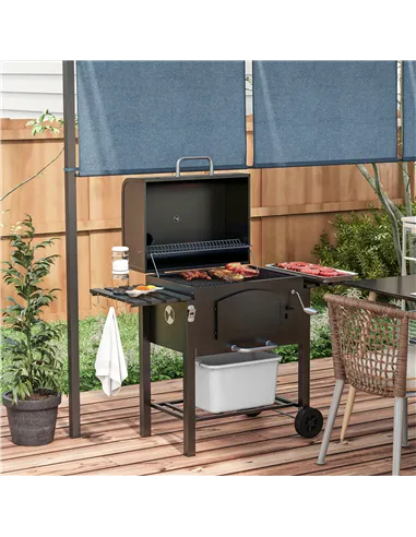 Outsunny Charcoal Barbecue Grill Trolley Garden Smoker with Shelves, Adjustable Height, Thermometer on Lid, Opener and Wheels