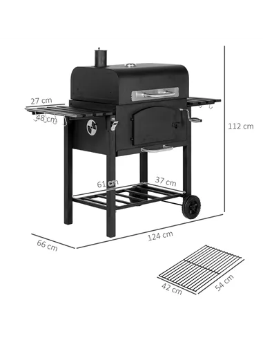 Outsunny Charcoal Barbecue Grill Trolley Garden Smoker with Shelves, Adjustable Height, Thermometer on Lid, Opener and Wheels