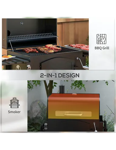 Outsunny Charcoal Barbecue Grill Trolley Garden Smoker with Shelves, Adjustable Height, Thermometer on Lid, Opener and Wheels