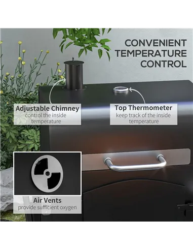 Outsunny Charcoal Barbecue Grill Trolley Garden Smoker with Shelves, Adjustable Height, Thermometer on Lid, Opener and Wheels
