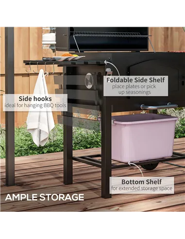 Outsunny Charcoal Barbecue Grill Trolley Garden Smoker with Shelves, Adjustable Height, Thermometer on Lid, Opener and Wheels