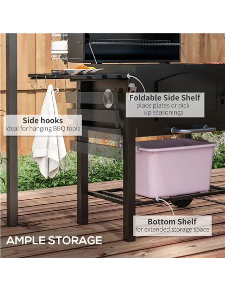 Outsunny Charcoal Barbecue Grill Trolley Garden Smoker with Shelves, Adjustable Height, Thermometer on Lid, Opener and Wheels