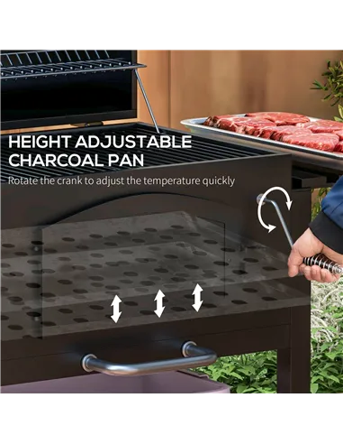 Outsunny Charcoal Barbecue Grill Trolley Garden Smoker with Shelves, Adjustable Height, Thermometer on Lid, Opener and Wheels