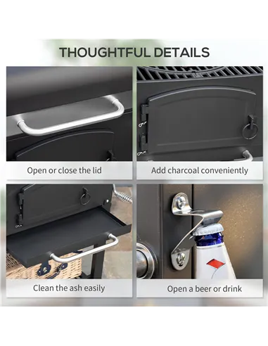 Outsunny Charcoal Barbecue Grill Trolley Garden Smoker with Shelves, Adjustable Height, Thermometer on Lid, Opener and Wheels