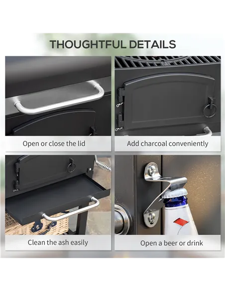 Outsunny Charcoal Barbecue Grill Trolley Garden Smoker with Shelves, Adjustable Height, Thermometer on Lid, Opener and Wheels