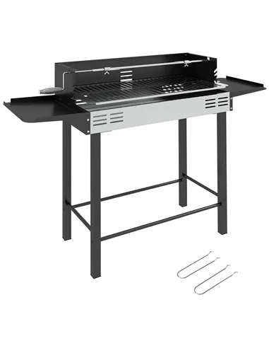 Outsunny BBQ Rotisserie Grill Roaster Charcoal Spit Roasting Machine for Chicken Turkey with 3-Level Grill Grate, Side Shelves