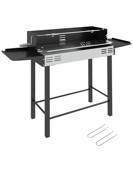 Outsunny BBQ Rotisserie Grill Roaster Charcoal Spit Roasting Machine for Chicken Turkey with 3-Level Grill Grate, Side Shelves