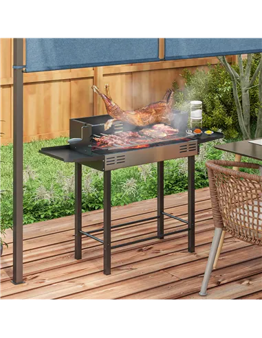 Outsunny BBQ Rotisserie Grill Roaster Charcoal Spit Roasting Machine for Chicken Turkey with 3-Level Grill Grate, Side Shelves