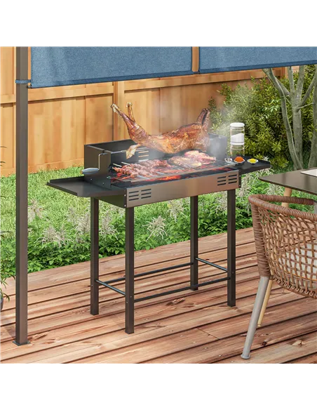 Outsunny BBQ Rotisserie Grill Roaster Charcoal Spit Roasting Machine for Chicken Turkey with 3-Level Grill Grate, Side Shelves