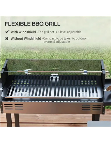 Outsunny BBQ Rotisserie Grill Roaster Charcoal Spit Roasting Machine for Chicken Turkey with 3-Level Grill Grate, Side Shelves