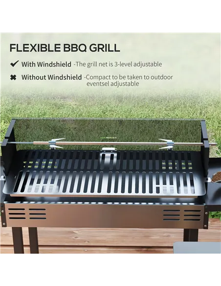 Outsunny BBQ Rotisserie Grill Roaster Charcoal Spit Roasting Machine for Chicken Turkey with 3-Level Grill Grate, Side Shelves
