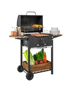 Outsunny Charcoal BBQ Grill with Height Adjustable Charcoal Pan, Barbecue Smoker with Warming Rack, 3 Shelves, Temperature Gauge