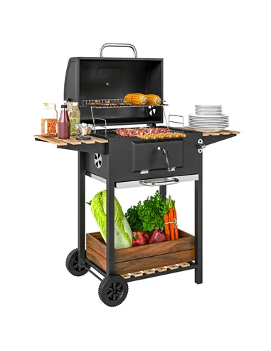 Outsunny Charcoal BBQ Grill with Height Adjustable Charcoal Pan, Barbecue Smoker with Warming Rack, 3 Shelves, Temperature Gauge