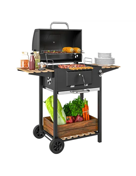 Outsunny Charcoal BBQ Grill with Height Adjustable Charcoal Pan, Barbecue Smoker with Warming Rack, 3 Shelves, Temperature Gauge