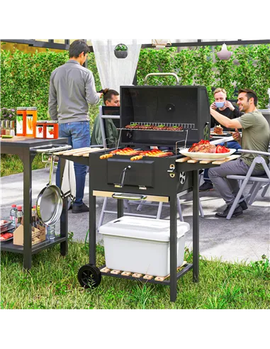 Outsunny Charcoal BBQ Grill with Height Adjustable Charcoal Pan, Barbecue Smoker with Warming Rack, 3 Shelves, Temperature Gauge