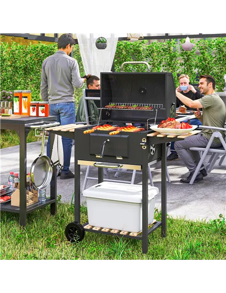 Outsunny Charcoal BBQ Grill with Height Adjustable Charcoal Pan, Barbecue Smoker with Warming Rack, 3 Shelves, Temperature Gauge