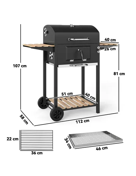 Outsunny Charcoal BBQ Grill with Height Adjustable Charcoal Pan, Barbecue Smoker with Warming Rack, 3 Shelves, Temperature Gauge