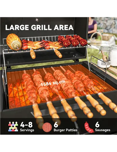 Outsunny Charcoal BBQ Grill with Height Adjustable Charcoal Pan, Barbecue Smoker with Warming Rack, 3 Shelves, Temperature Gauge