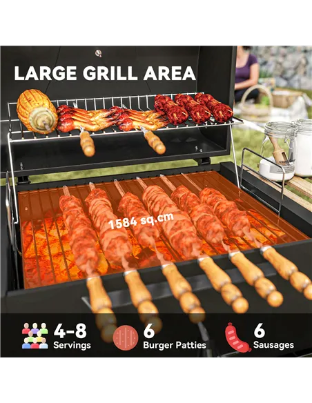 Outsunny Charcoal BBQ Grill with Height Adjustable Charcoal Pan, Barbecue Smoker with Warming Rack, 3 Shelves, Temperature Gauge