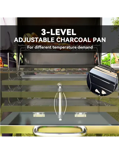 Outsunny Charcoal BBQ Grill with Height Adjustable Charcoal Pan, Barbecue Smoker with Warming Rack, 3 Shelves, Temperature Gauge