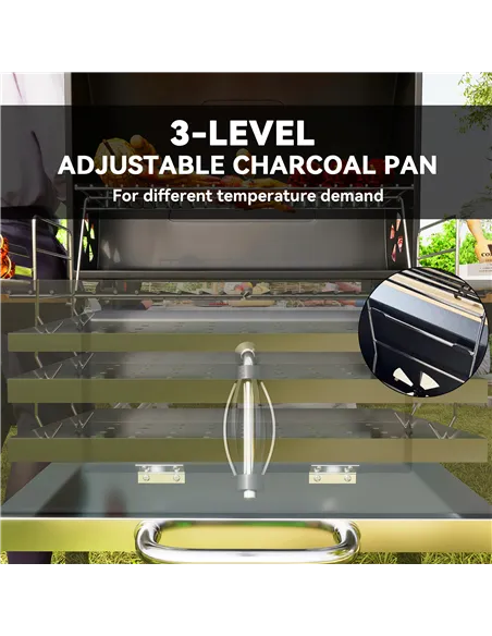 Outsunny Charcoal BBQ Grill with Height Adjustable Charcoal Pan, Barbecue Smoker with Warming Rack, 3 Shelves, Temperature Gauge