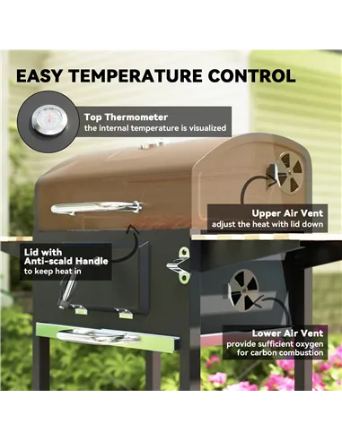Outsunny Charcoal BBQ Grill with Height Adjustable Charcoal Pan, Barbecue Smoker with Warming Rack, 3 Shelves, Temperature Gauge