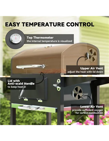 Outsunny Charcoal BBQ Grill with Height Adjustable Charcoal Pan, Barbecue Smoker with Warming Rack, 3 Shelves, Temperature Gauge
