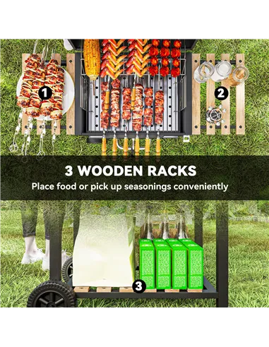 Outsunny Charcoal BBQ Grill with Height Adjustable Charcoal Pan, Barbecue Smoker with Warming Rack, 3 Shelves, Temperature Gauge