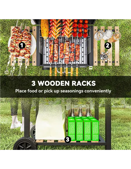 Outsunny Charcoal BBQ Grill with Height Adjustable Charcoal Pan, Barbecue Smoker with Warming Rack, 3 Shelves, Temperature Gauge