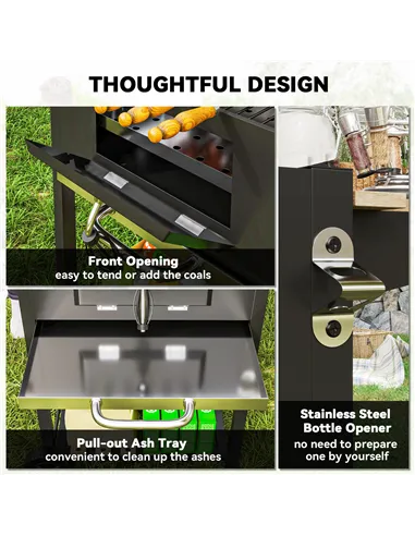 Outsunny Charcoal BBQ Grill with Height Adjustable Charcoal Pan, Barbecue Smoker with Warming Rack, 3 Shelves, Temperature Gauge