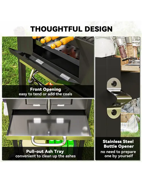 Outsunny Charcoal BBQ Grill with Height Adjustable Charcoal Pan, Barbecue Smoker with Warming Rack, 3 Shelves, Temperature Gauge