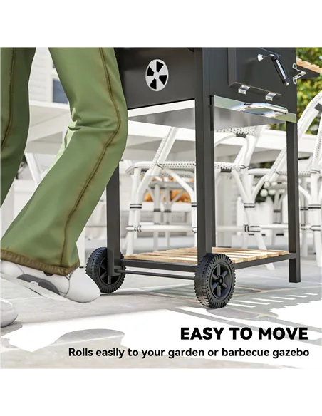 Outsunny Charcoal BBQ Grill with Height Adjustable Charcoal Pan, Barbecue Smoker with Warming Rack, 3 Shelves, Temperature Gauge