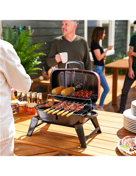 Outsunny Charcoal Barbecue Grill Folding BBQ Grill with 1232 cm² Cooking Area, Adjustable Vent, Thermometer, Handles for Camping