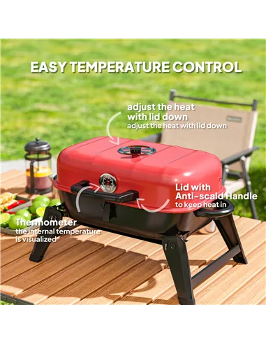 Outsunny Charcoal Barbecue Grill Folding BBQ Grill with 1232 cm² Cooking Area, Adjustable Vent, Thermometer, Handles for Camping