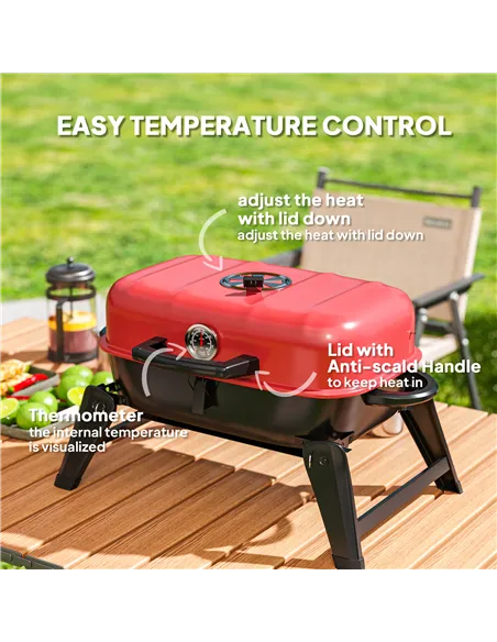 Outsunny Charcoal Barbecue Grill Folding BBQ Grill with 1232 cm² Cooking Area, Adjustable Vent, Thermometer, Handles for Camping